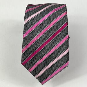 Imani Uomo Pink Black Gray Striped Tie Silk Touch Microfiber XL 65" Narrow Repp